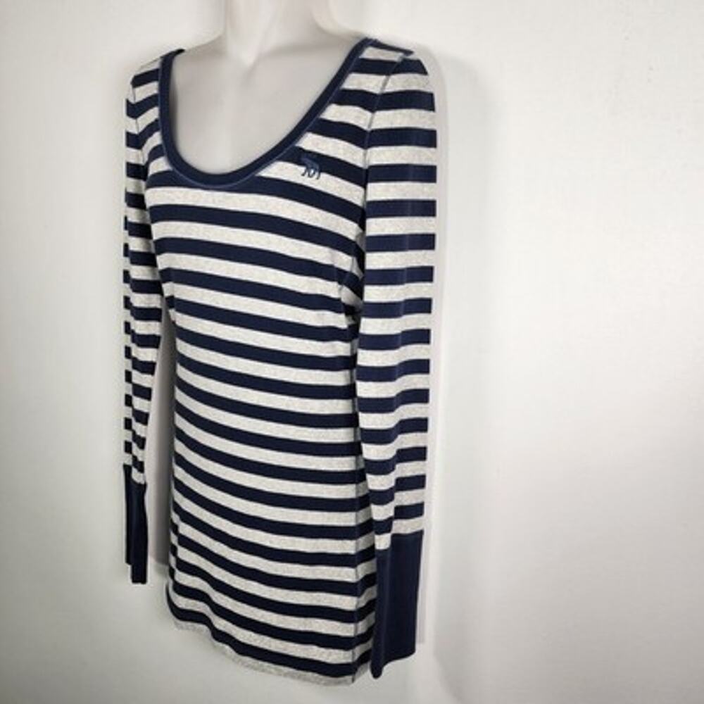 Abercrombie and Fitch Womens Top Blue Gray Striped Scoop Long Sleeve L Moose - Picture 7 of 12
